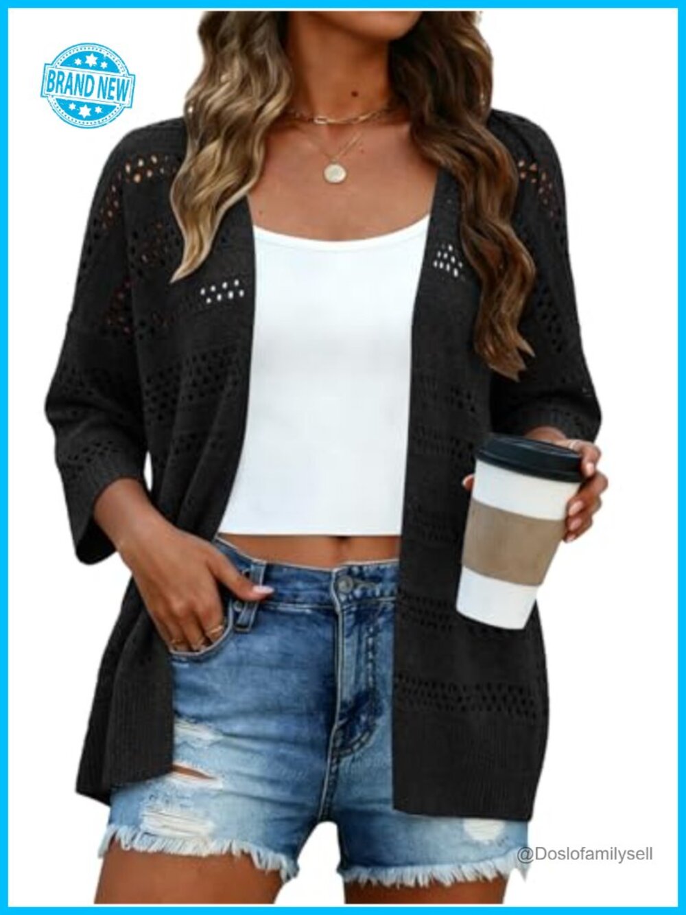 Lightweight Crochet Open Front 3/4 Sleeve Cardigan Loose Fit Summer Sweater